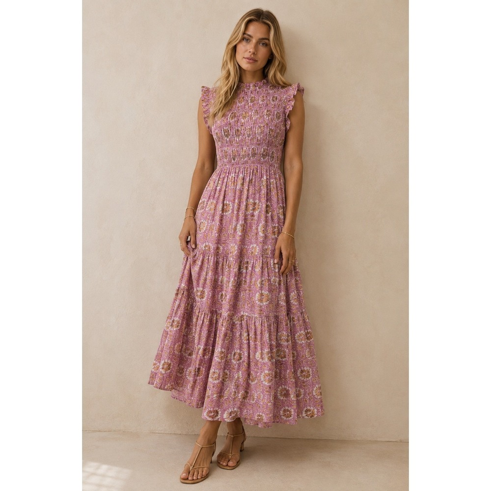 Oliphant M Pink Floral Smocked Maxi Dress Cotton Metallic Gold Ruffle Boho
